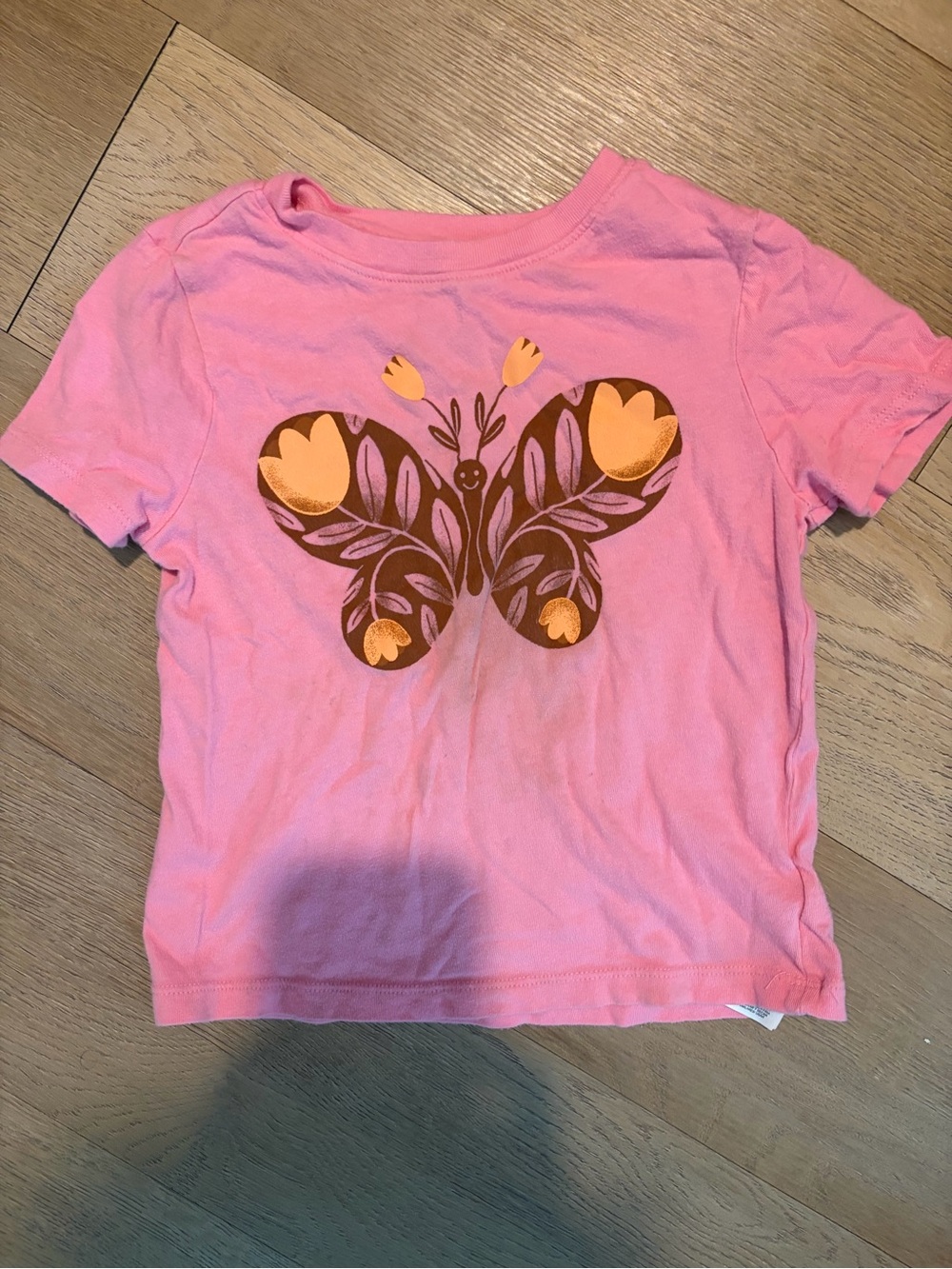 Old Navy Pink Tee with Brown & Yellow Butterfly Graphic